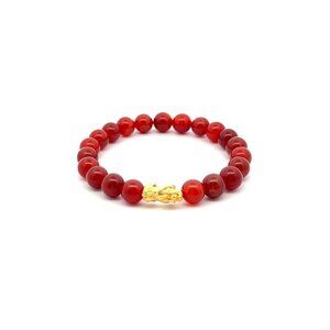 24K Gold Piyao Pixiu Lucky Charm Bracelet Gemstones Carnelian 8mm S6.5"